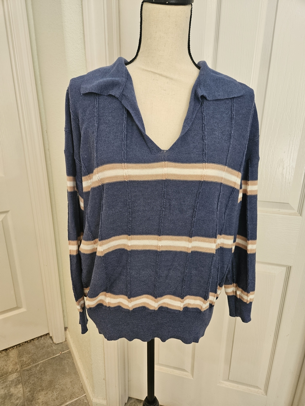 Pink Lily × Living My Best Style Collab - Navy Striped V-Neck Collared Top
